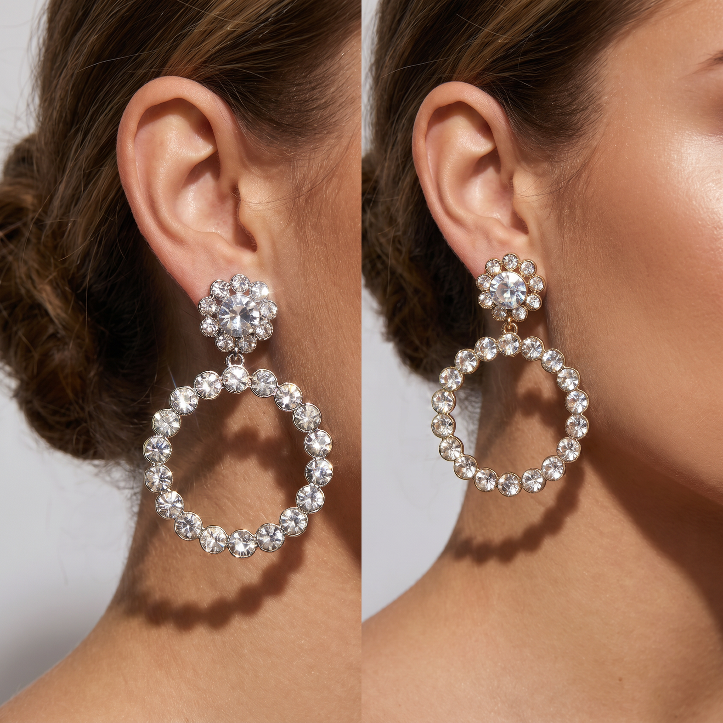 Glamour Forever Dangle Circle Earrings | Faux Diamond Flower & Circle | 2" Post | Gold or Silver