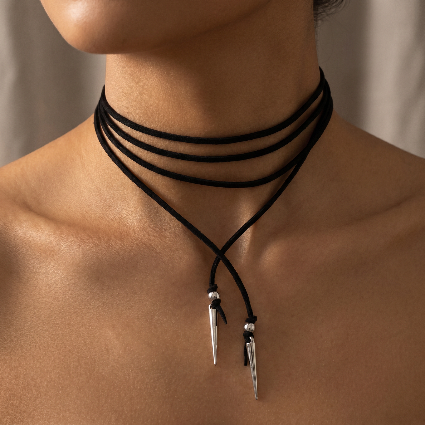 Stabby Cord Wrap Necklace | Black Faux Leather Multi-Wrap with Silver Spike Pendants | 56"