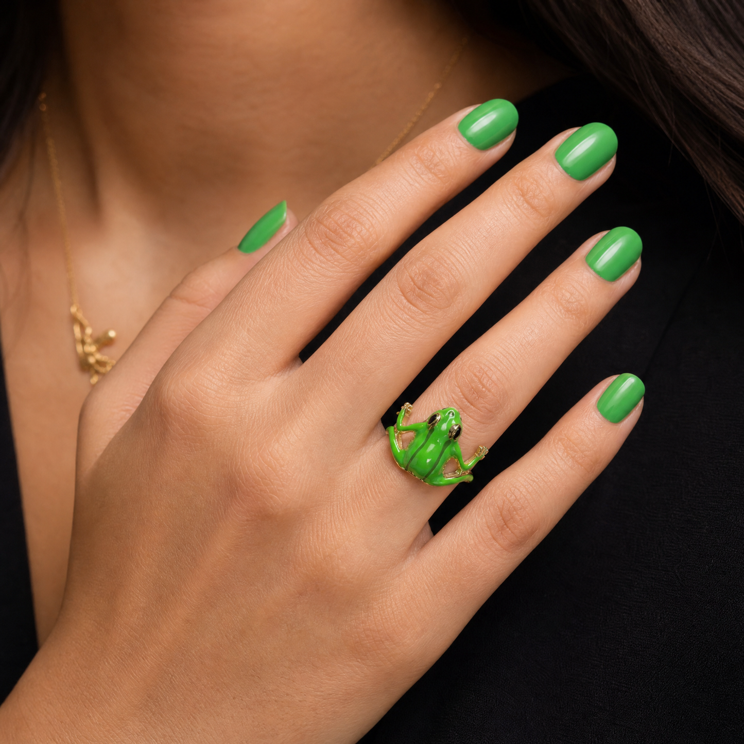 Adjustable Groovy Frog Ring | Green & Gold Metal Frog Wrap Ring