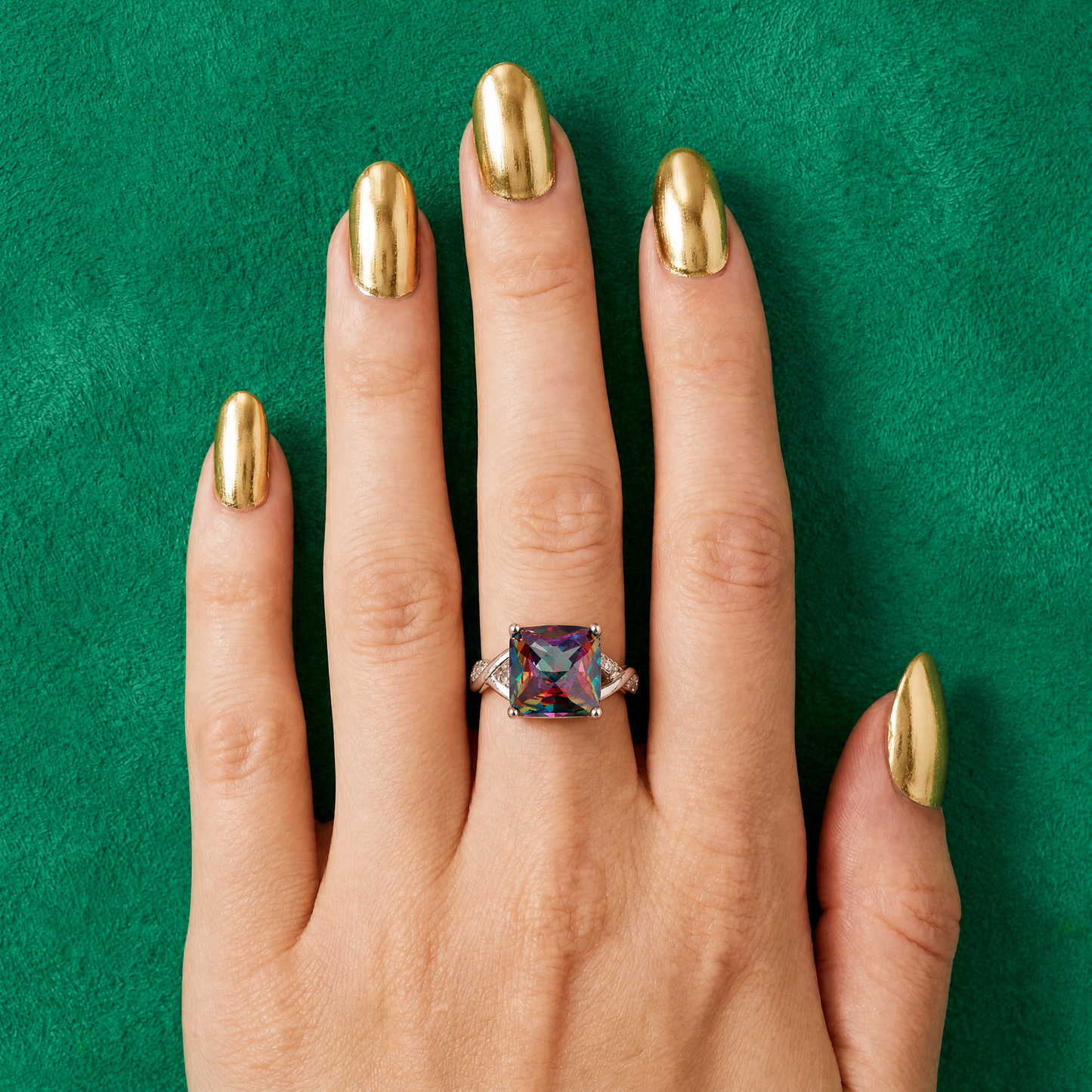 Rainbow Facets Silver Bling Ring | Bold Square-Cut Glass Stone | Blue Green Purple | Sizes 6–8
