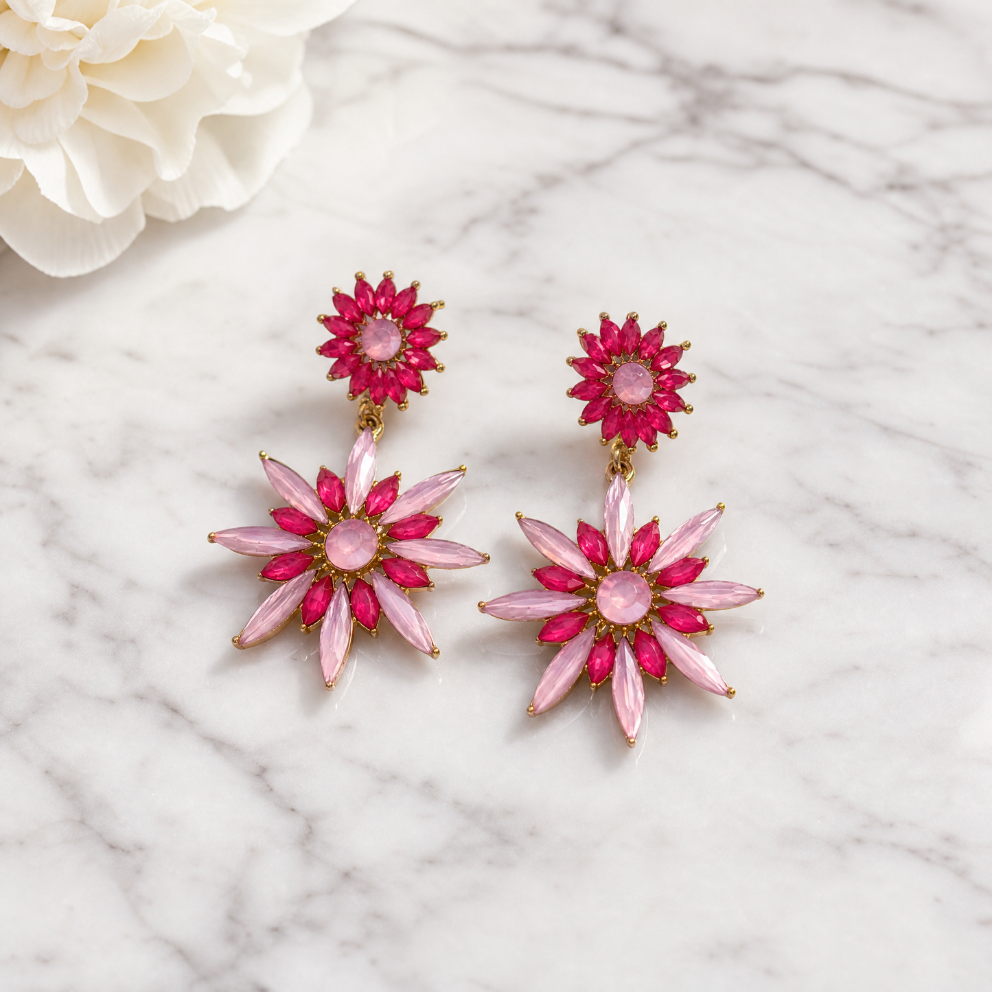 Pink Flowerburst Statement Earrings | Art Deco Gem Earrings in Hot Pink & Ballet Pink