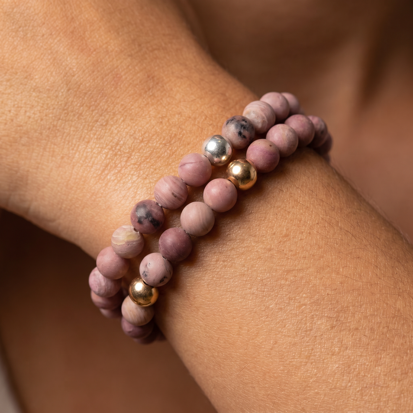 Earthy Clay Beads Beaded Bracelet | Mauve Boho Elastic Bracelet | Gold or Silver