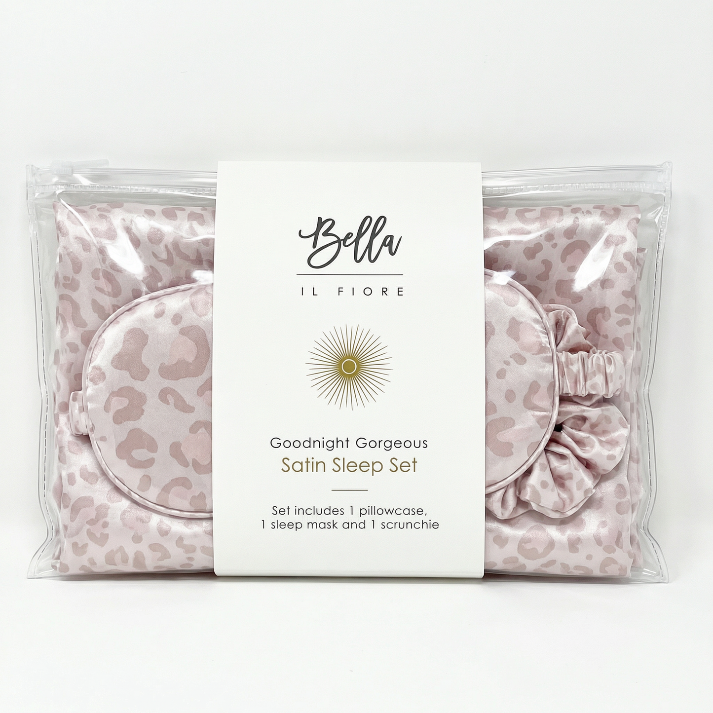 Giftable Leopard Goodnight Gorgeous Satin Sleep Set [Includes Pillowcase, Sleep Mask + Scrunchie]