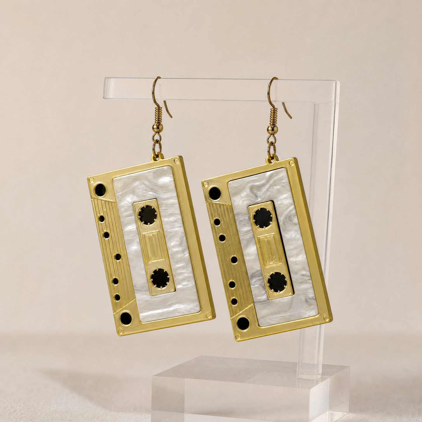 Jumbo Cassette Dangle Earrings in Gold | Matte Gold & Pearl Acetate | 3" Ear Wire