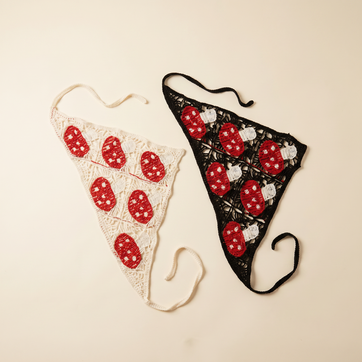 Crocheted Mushroom Hair Kerchief | Red Mushrooms, Bandana-Style in 2 Colors