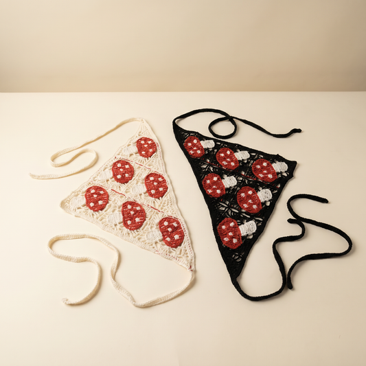 Crocheted Mushroom Hair Kerchief | Red Mushrooms, Bandana-Style in 2 Colors