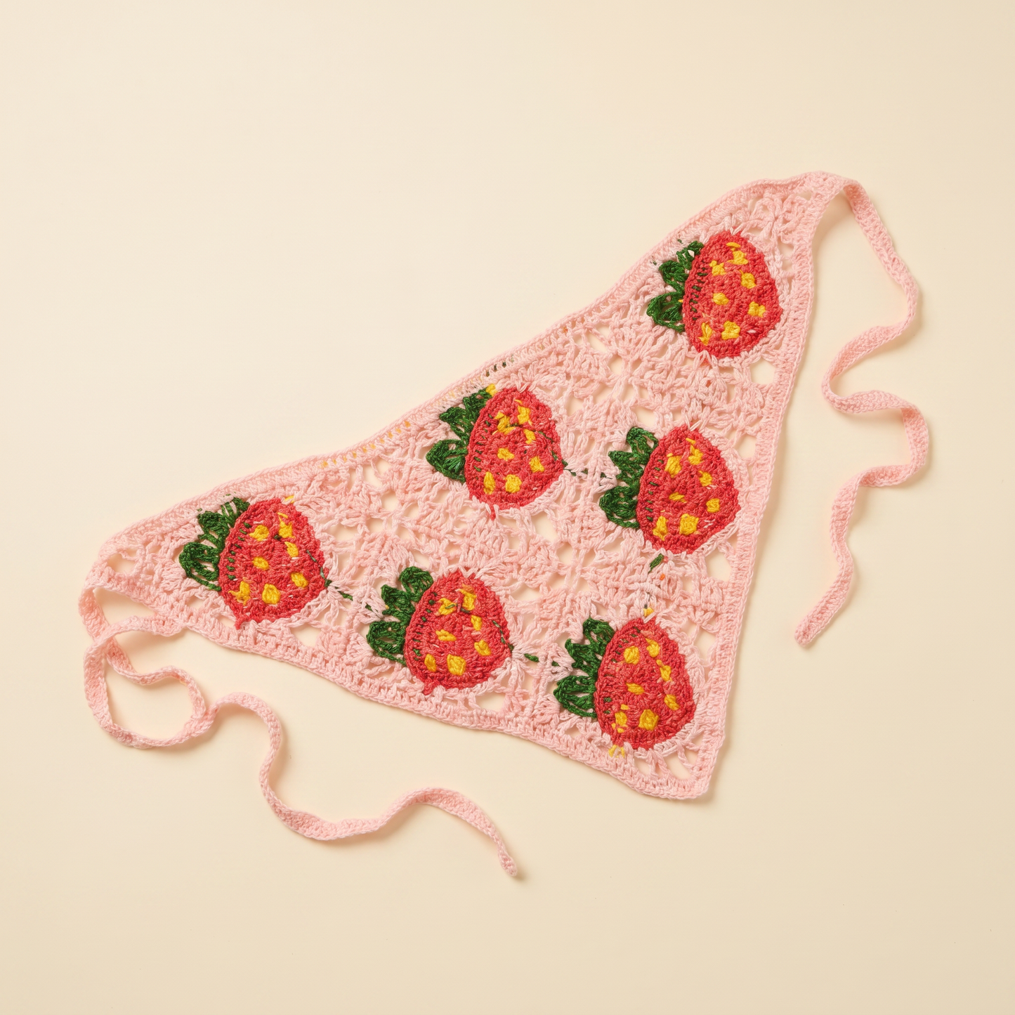 Crocheted Strawberry Hair Kerchief | Hot Pink Strawberries on Light Pink Bandana-Style