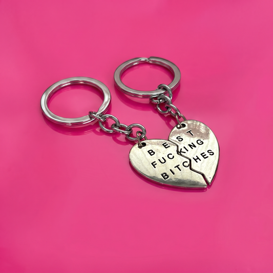 Best Fucking Bitches Keyring Set | Silver Split Heart BFF Keychain Set of 2 | 3.25"