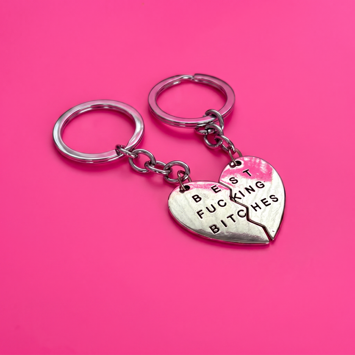 Best Fucking Bitches Keyring Set | Silver Split Heart BFF Keychain Set of 2 | 3.25"