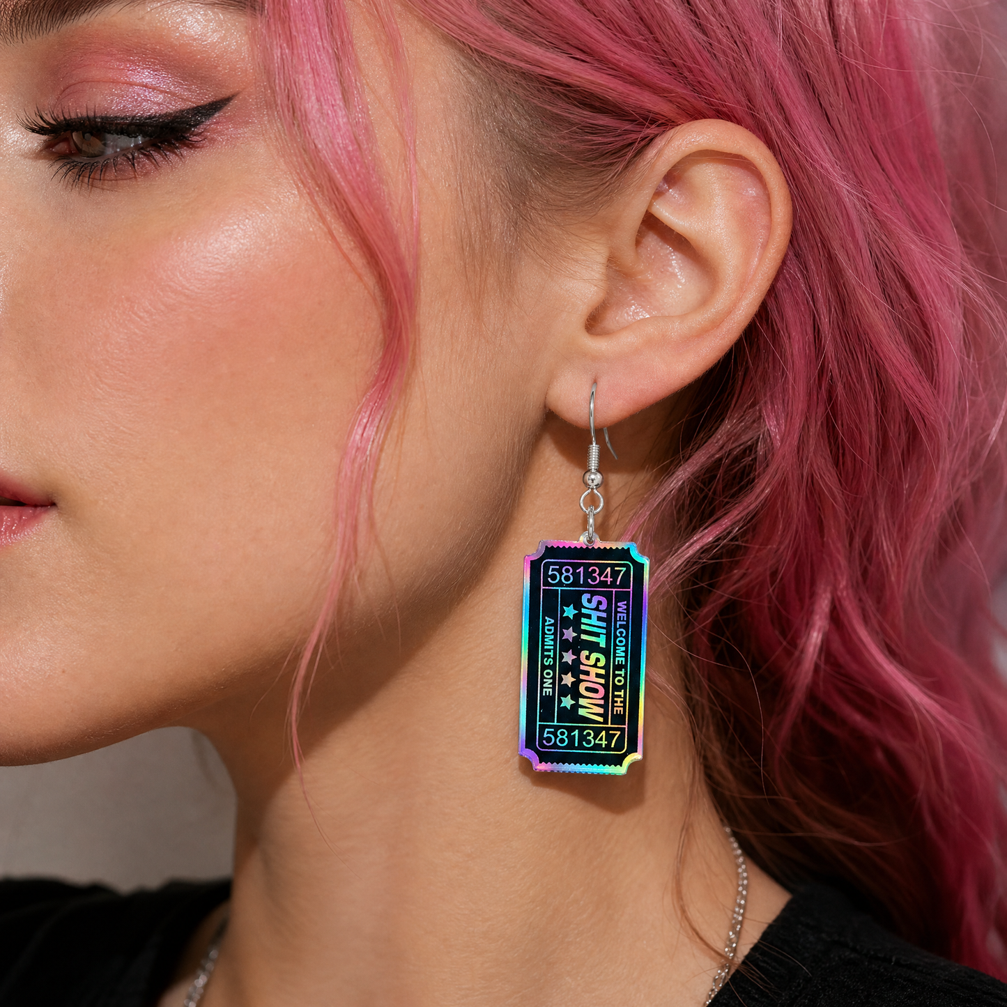 Shit Show Acrylic Earrings | Holographic Ticket Design