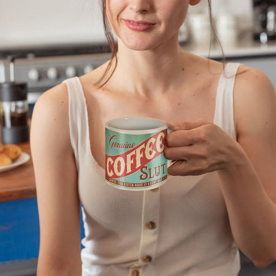 Genuine Coffee Slut Porcelain Mug Vintage Style | Wrap-around Design Ceramic Coffee Tea Cup | 12oz