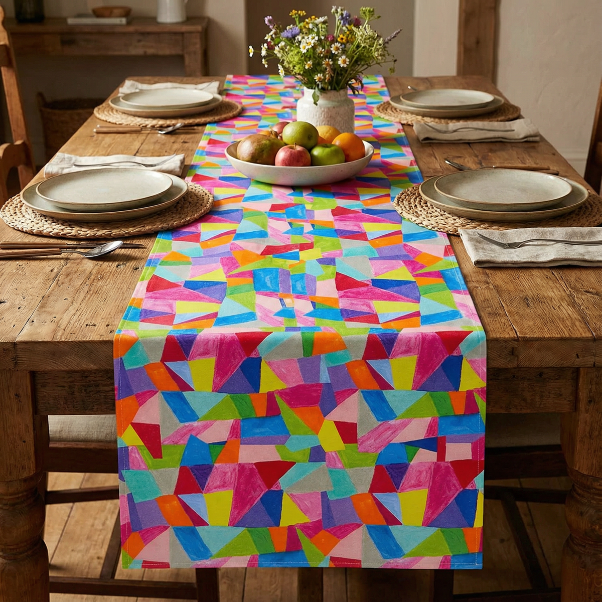 Geometric Fabric Table Runner | Colorful Geometric Pattern Cotton Table Mat | 13" x 70"