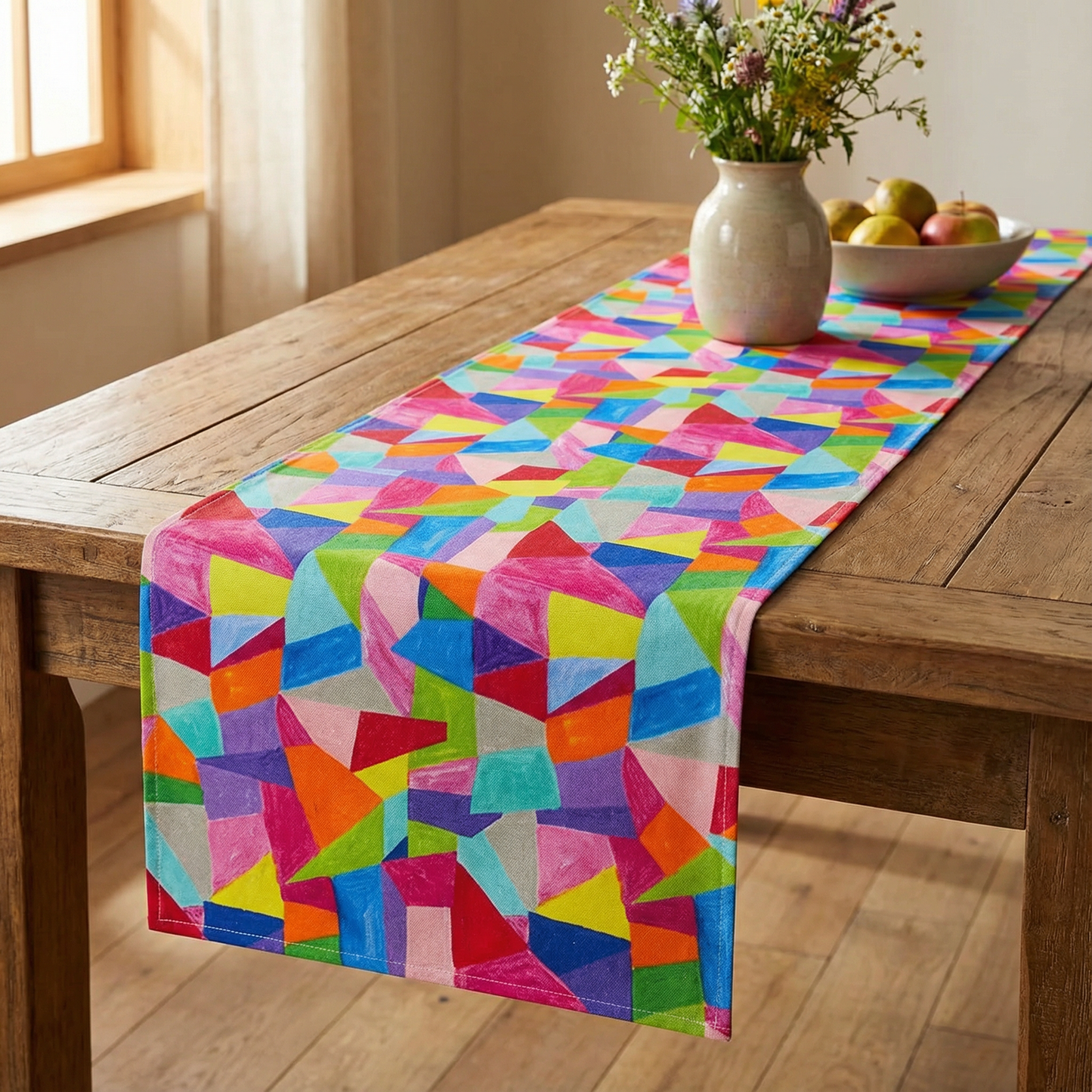 Geometric Fabric Table Runner | Colorful Geometric Pattern Cotton Table Mat | 13" x 70"