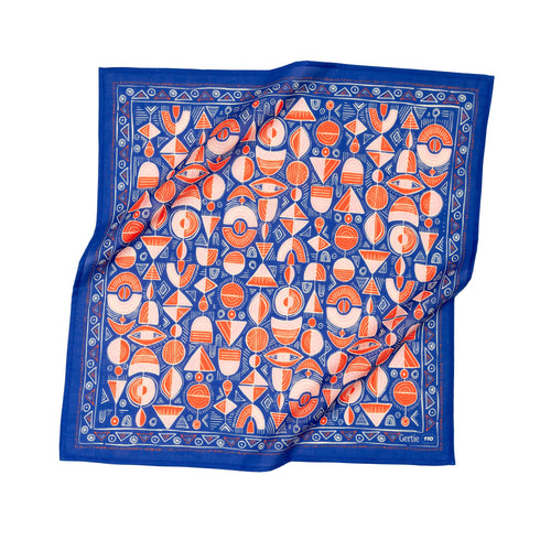 Gertie Bandana in Blue with Orange and Peach in Multi Shapes Designs | 22" x 22" Premium Cotton