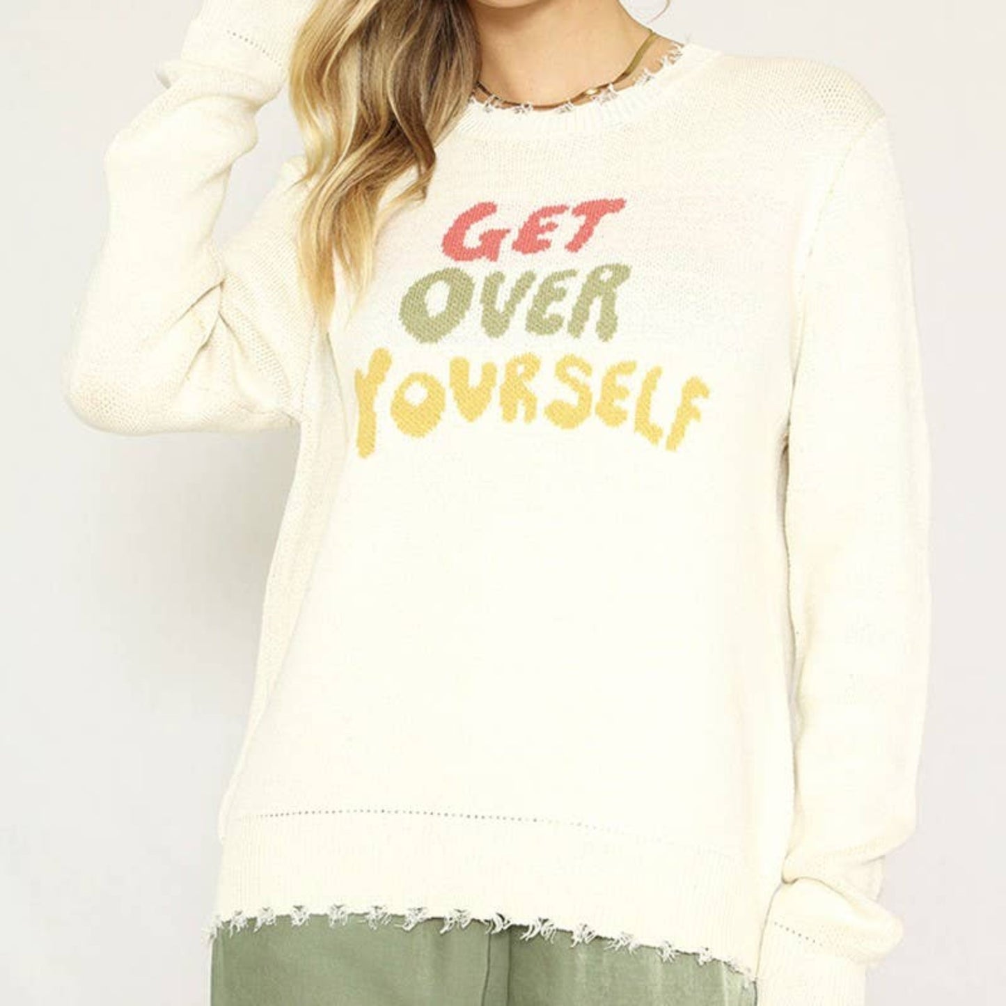 Get Over Yourself Sweater | Intarsia Knit, Tattered Detail [SM-XL]