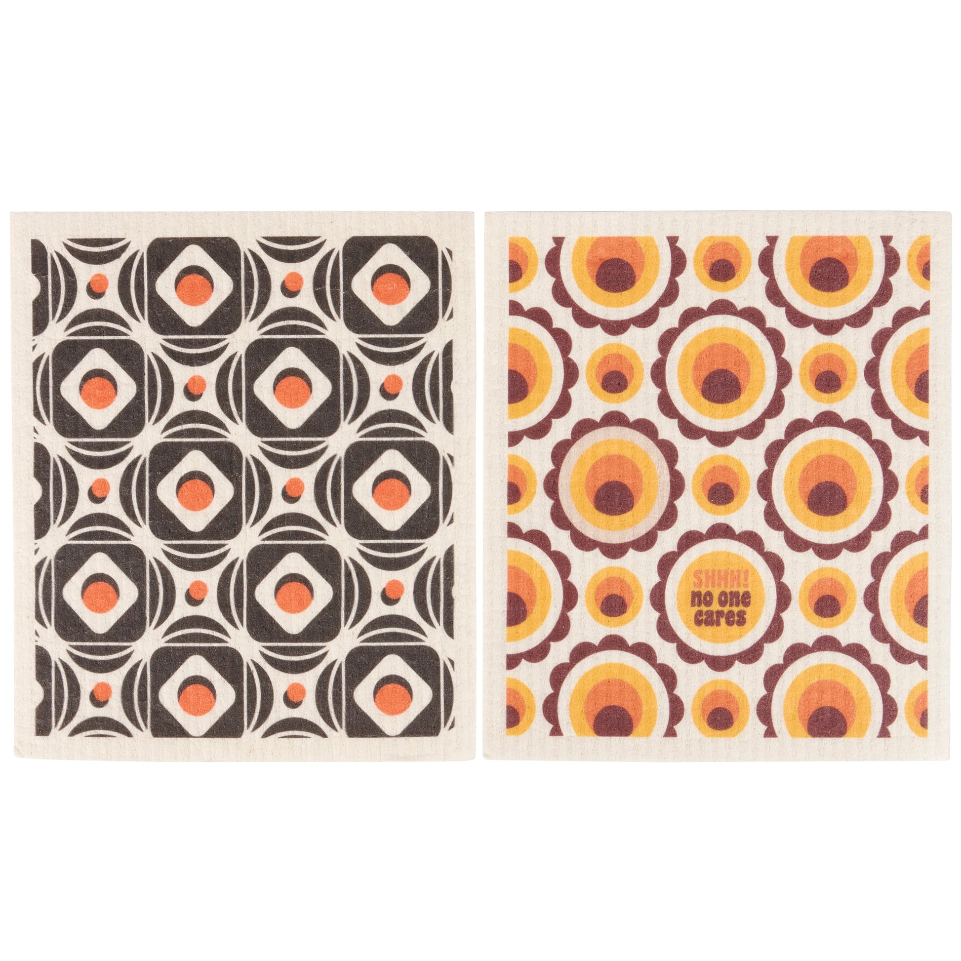 Two patterned dish cloths with geometric and floral designs on a white background