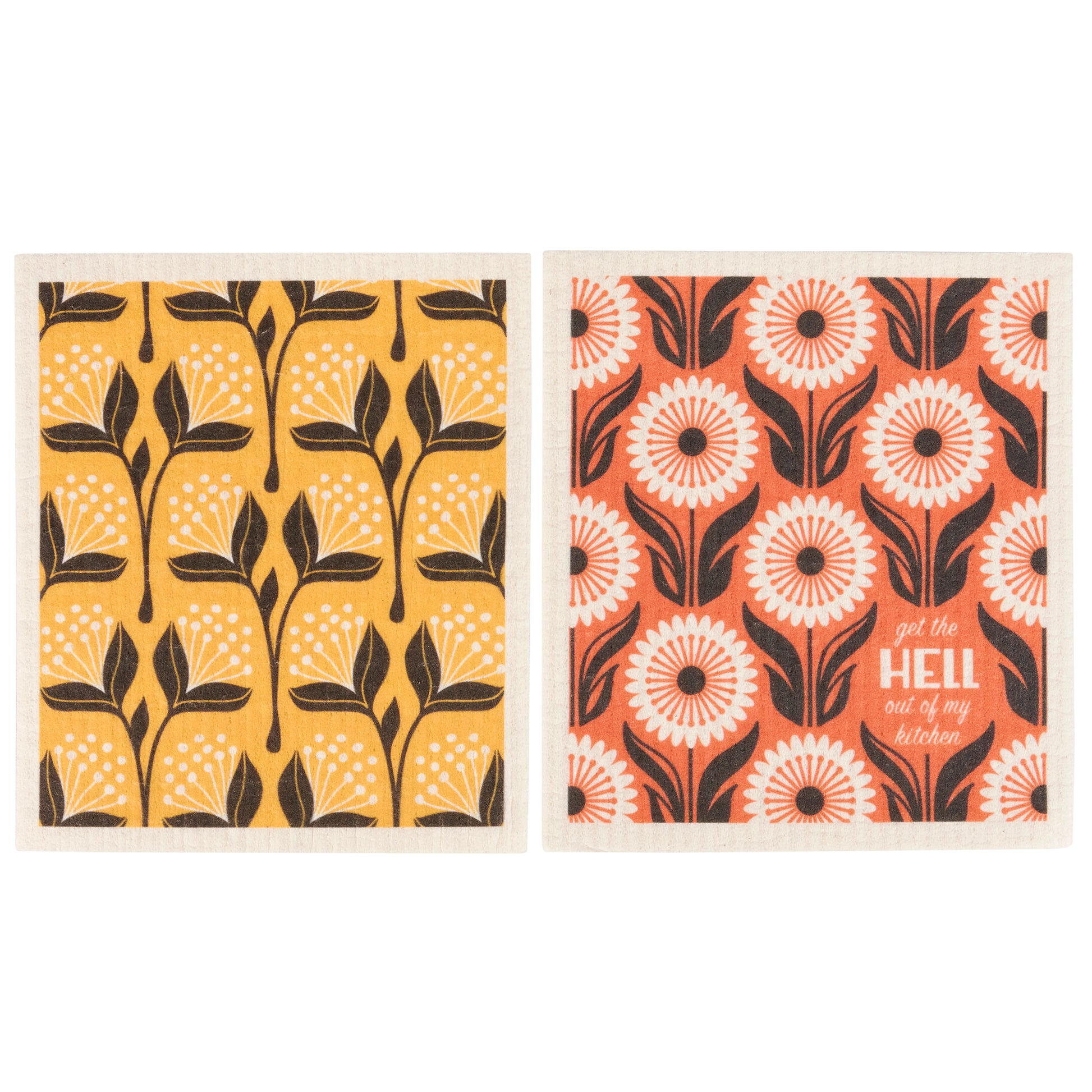Two patterned dish clloths, one yellow with black floral design and the other orange with white floral design and text.