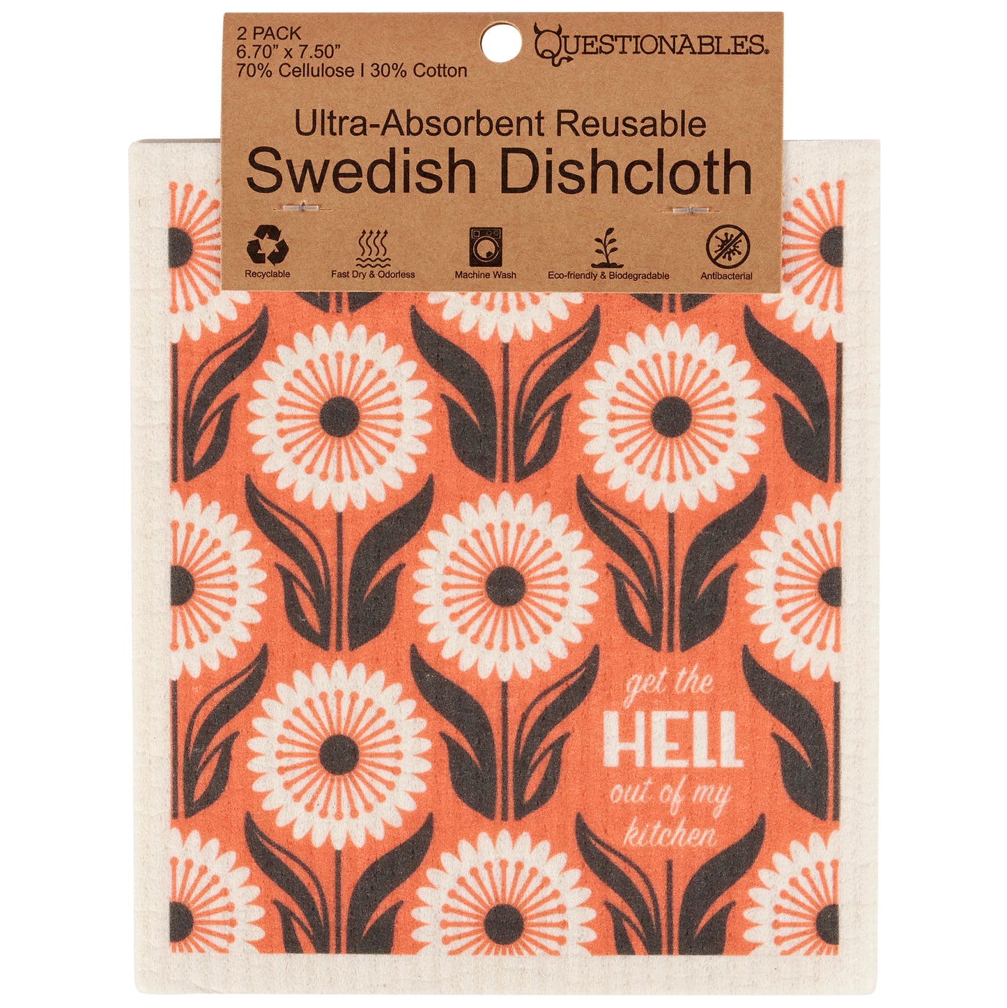 Swedish dishcloth with floral pattern and text on packaging