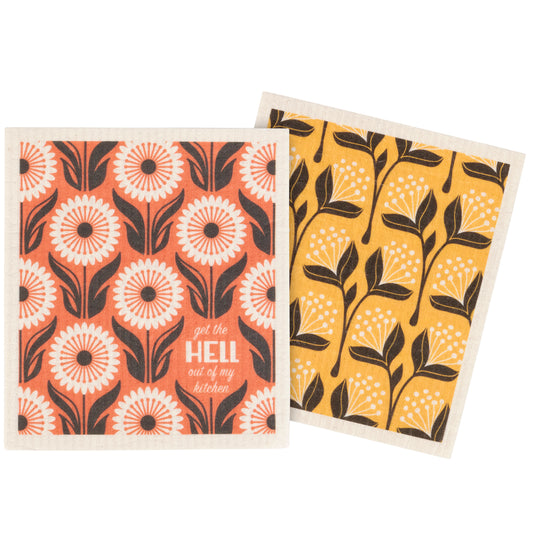 Two patterned dishcloths with floral designs on a white background