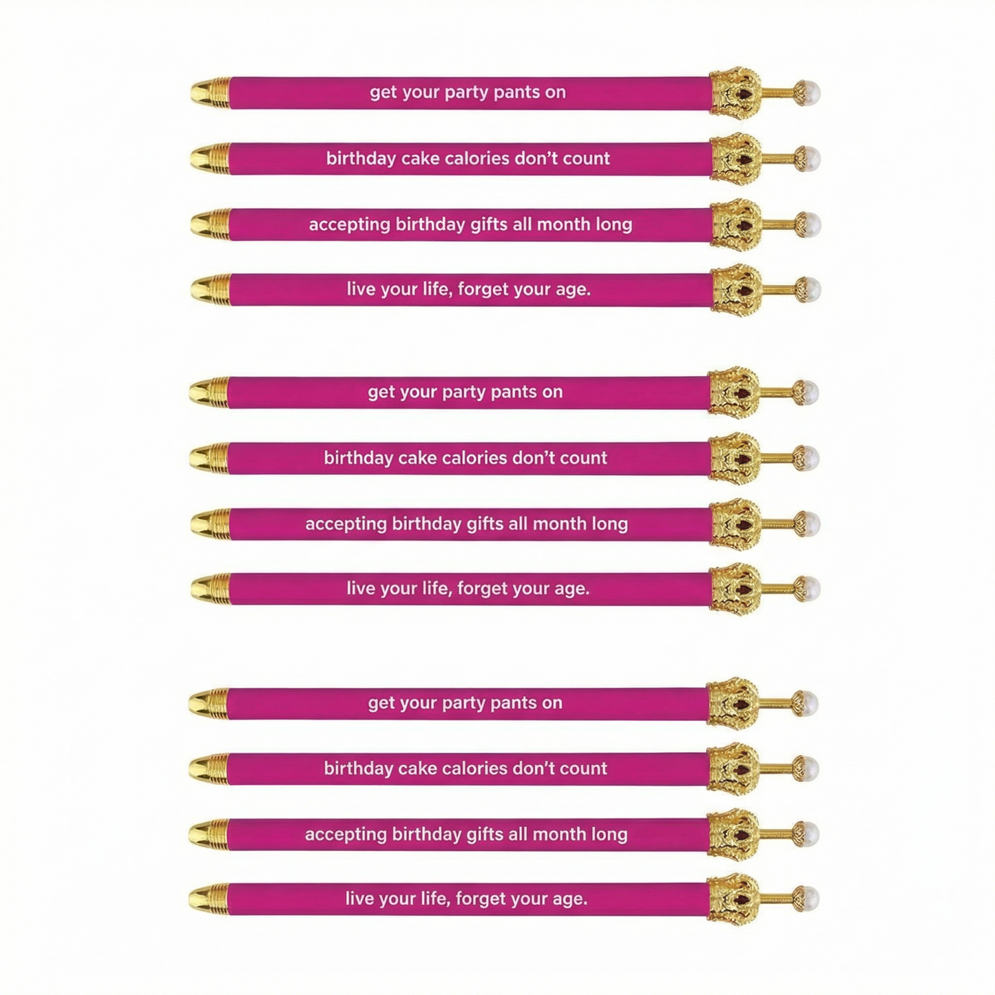 Get Your Party Pants On! Birthday Hot Pink Crown Pen Set of 12 | Giftable Quote Pens | Gift for Her