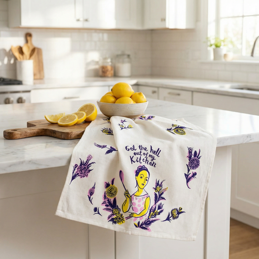 Get the Hell Out of My Kitchen Screen-Printed Dish Towel | Kitchen Tea Hand Cotton Dish Cloth | 28" x 21" | BlueQ at GetBullish