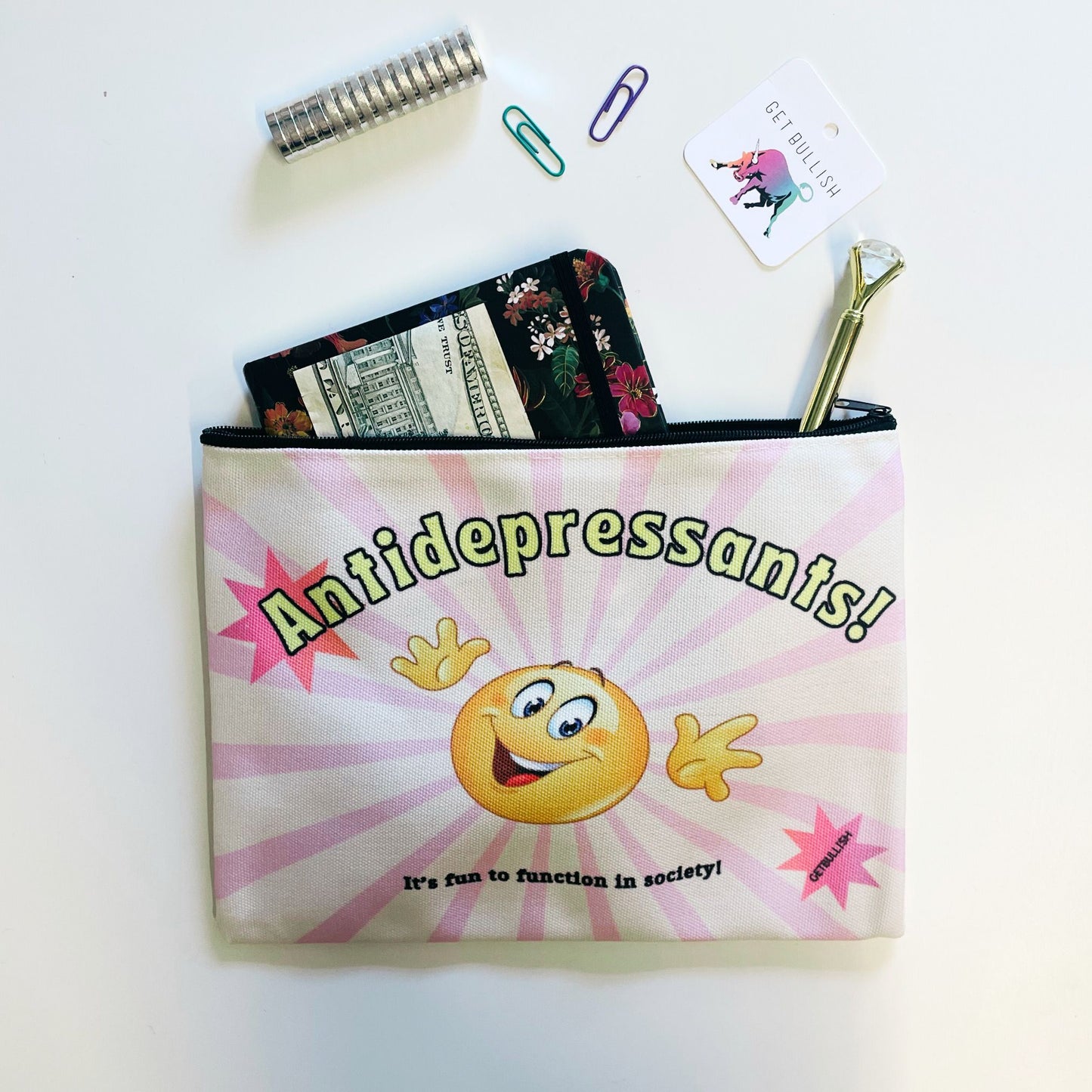 GetBullish Antidepressants! Canvas Zipper Pouch 9.5" x 7" | Cosmetics Bag or Pencil Case