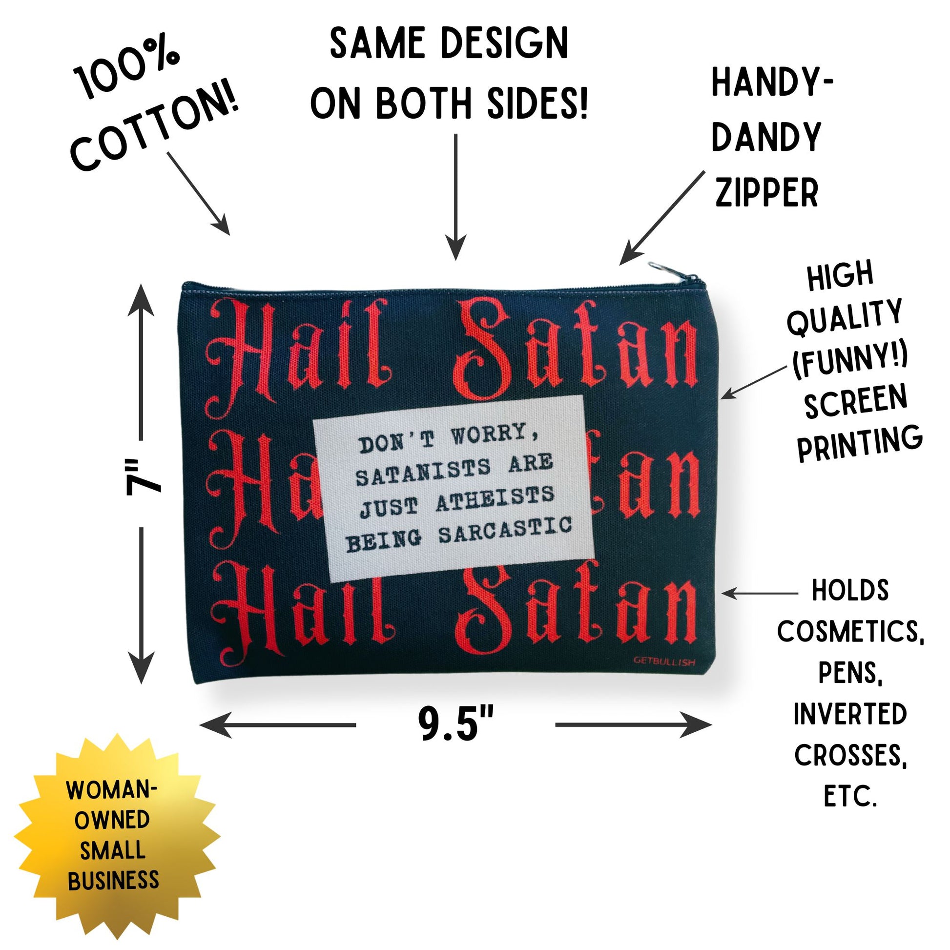 GetBullish Hail Satan Sarcastic Atheist Canvas Zipper Pouch 9.5" x 7" | Cosmetics Bag or Pencil Case