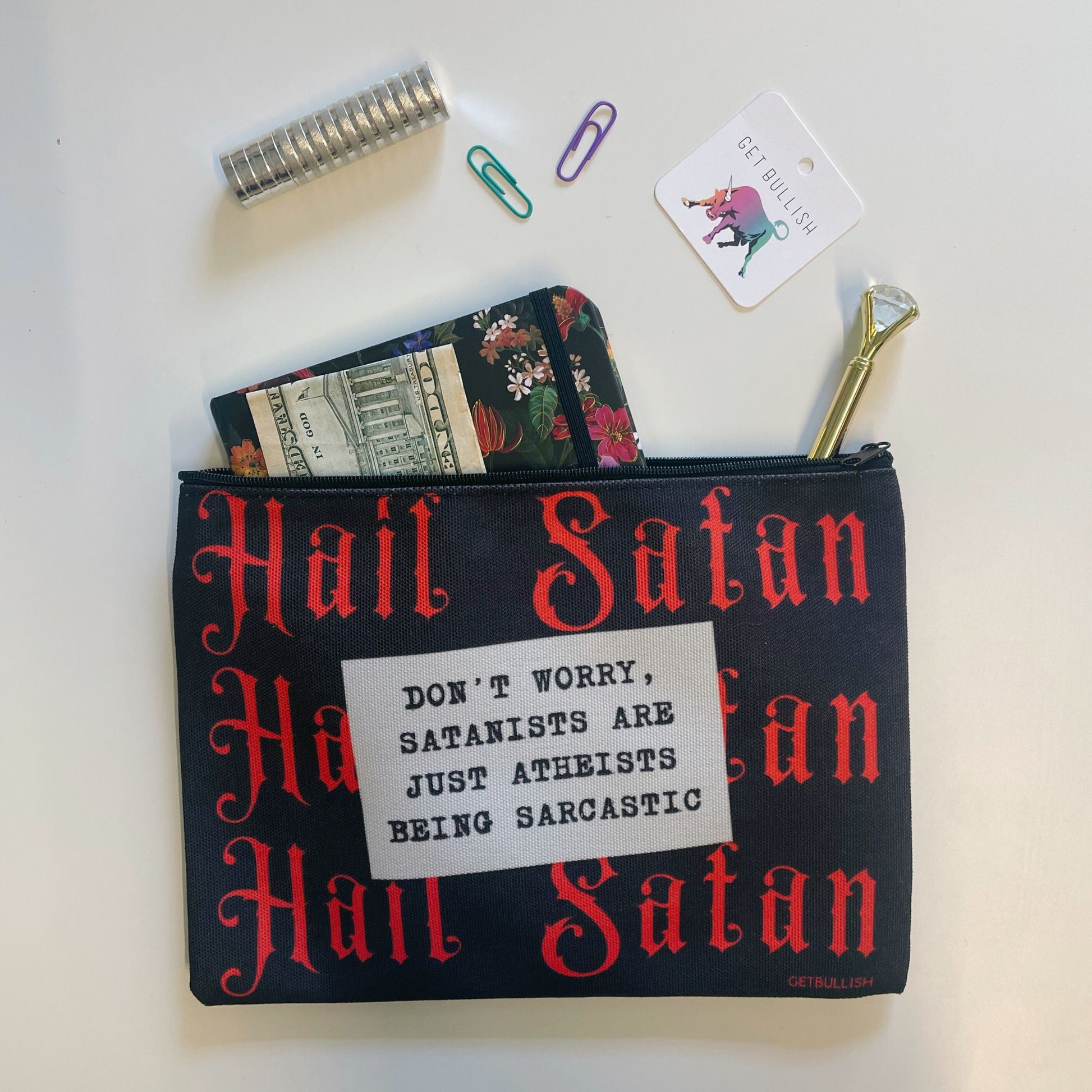 GetBullish Hail Satan Sarcastic Atheist Canvas Zipper Pouch 9.5" x 7" | Cosmetics Bag or Pencil Case