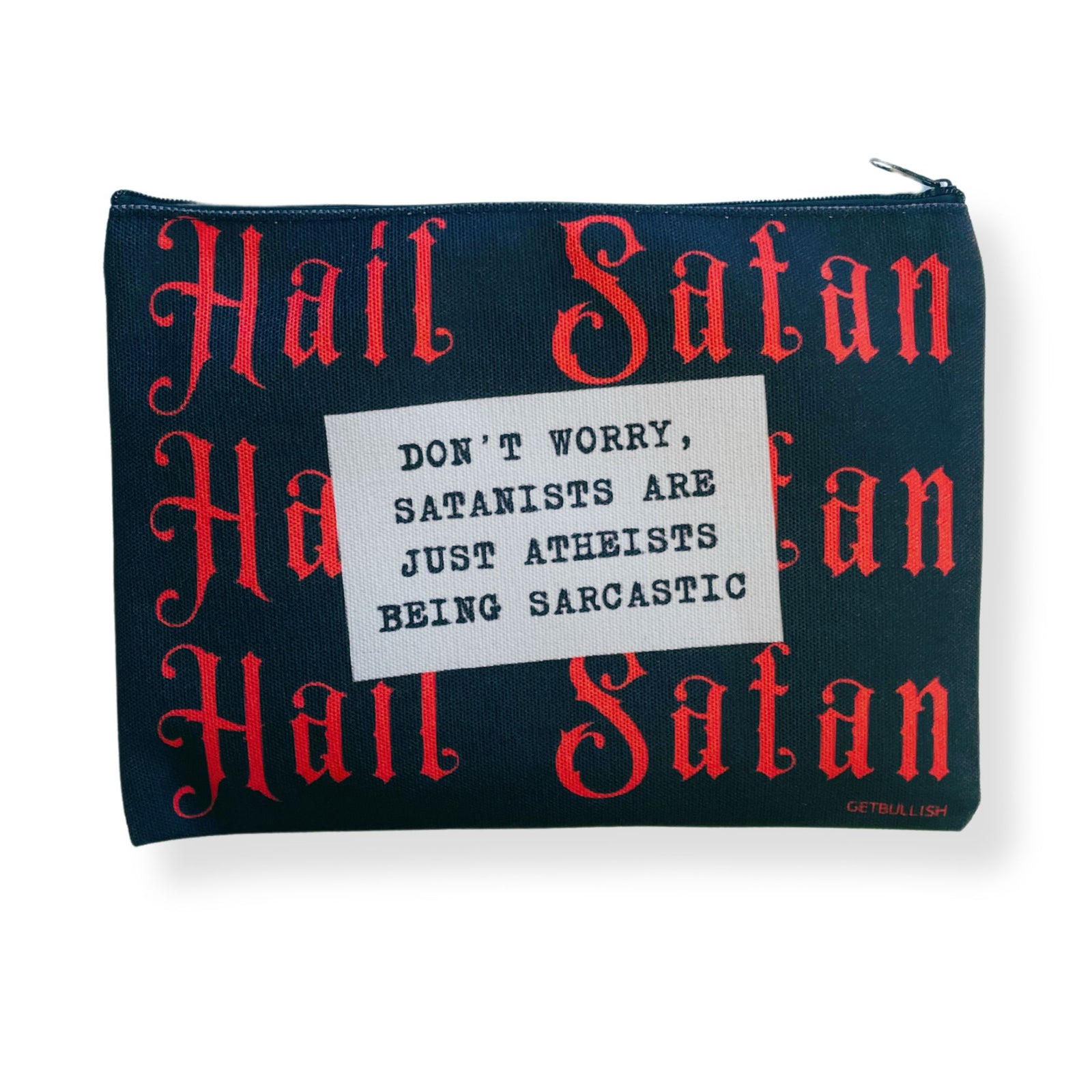 GetBullish Hail Satan Sarcastic Atheist Canvas Zipper Pouch 9.5" x 7" | Cosmetics Bag or Pencil Case