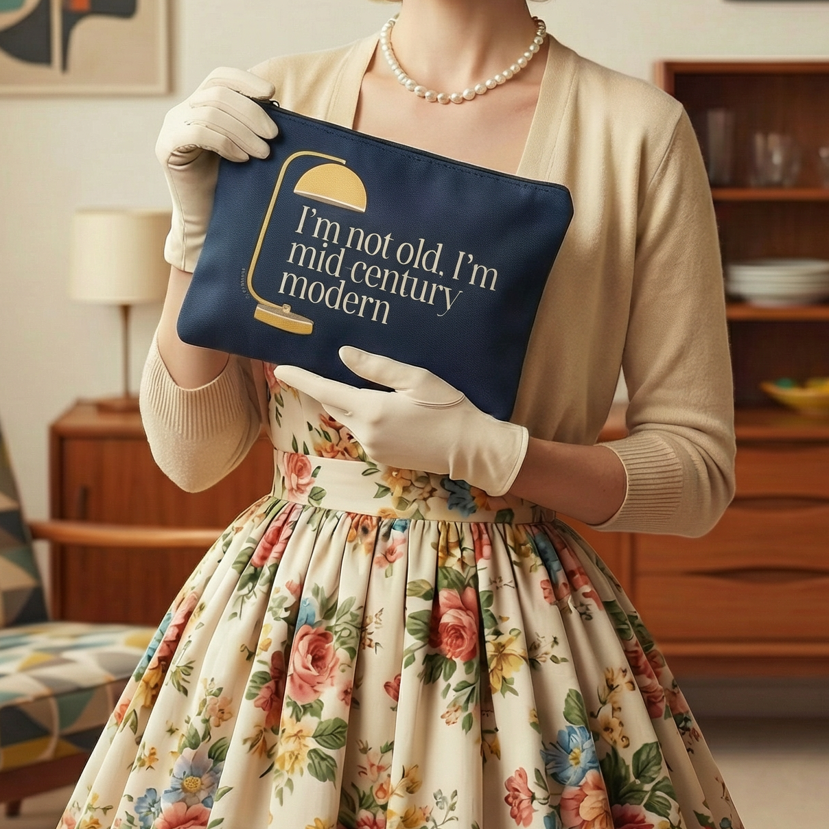 Woman in a vintage setting holding a pillow with text