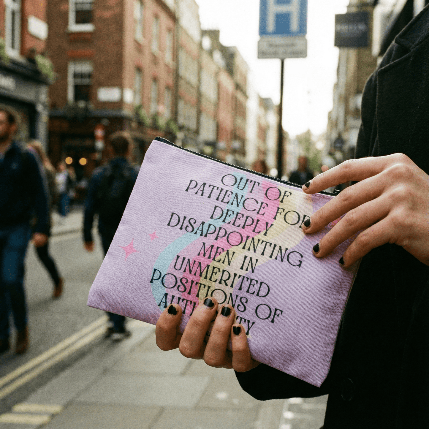 GetBullish Out of Patience with Disappointing Men Feminist Canvas Zipper Pouch 9.5" x 7" | Cosmetics Bag or Pencil Case