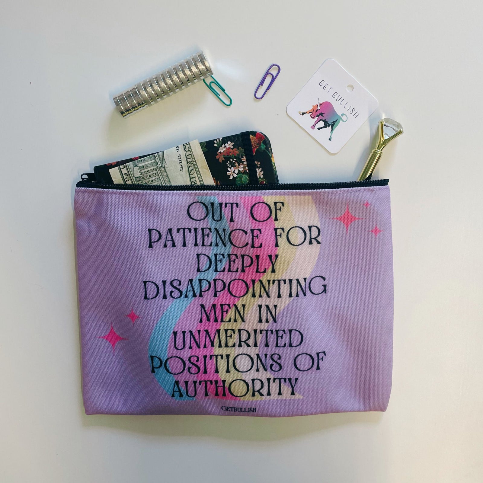 GetBullish Out of Patience with Disappointing Men Feminist Canvas Zipper Pouch 9.5" x 7" | Cosmetics Bag or Pencil Case