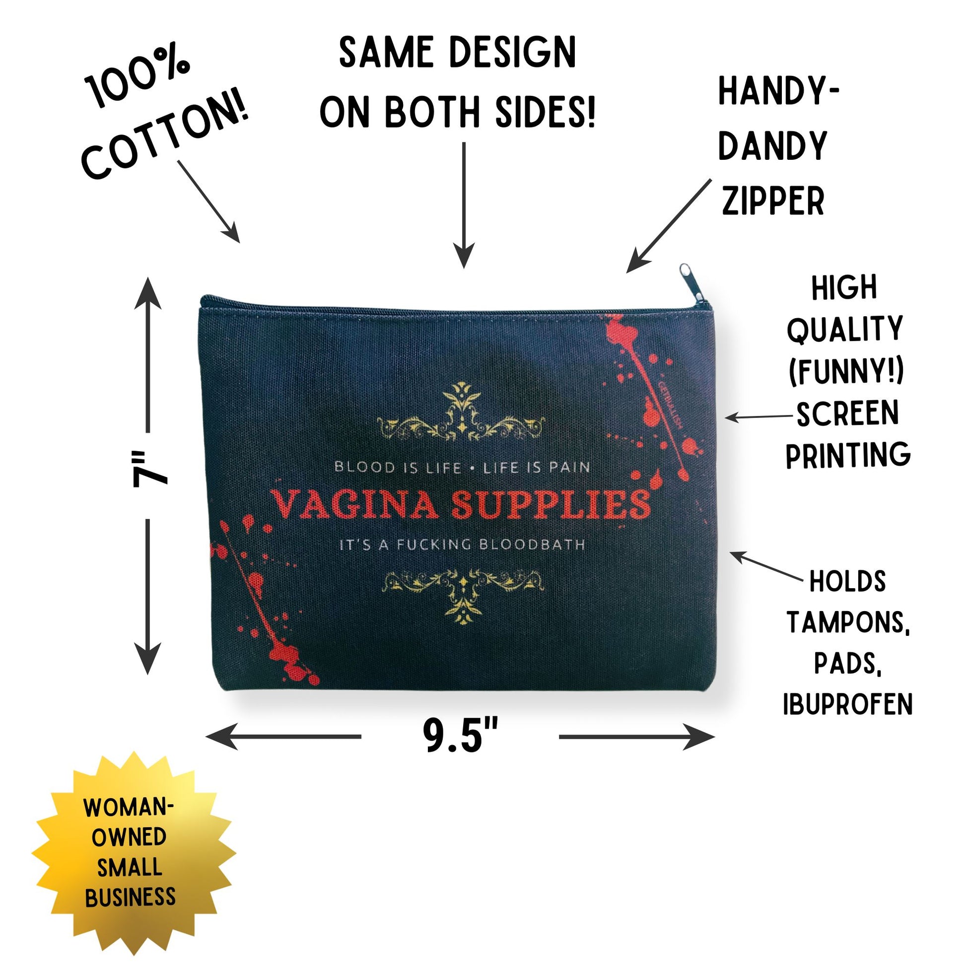 GetBullish Vagina Supplies Blood Bath Canvas Zipper Pouch 9.5" x 7" | Cosmetics Bag or Pencil Case