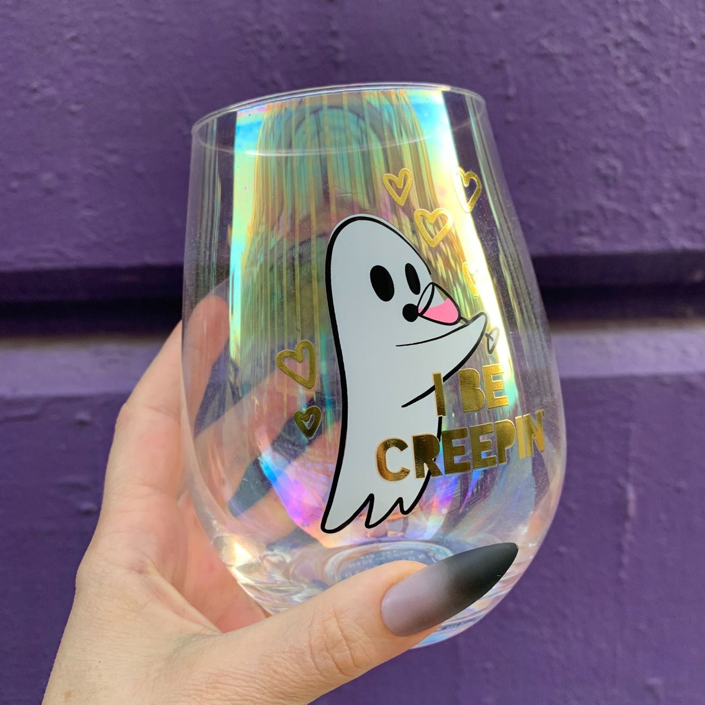 Ghost "I Be Creepin" Jumbo Stemless Wine Glass in Iridescent | 30 Oz. | Holds an Entire Bottle of Wine