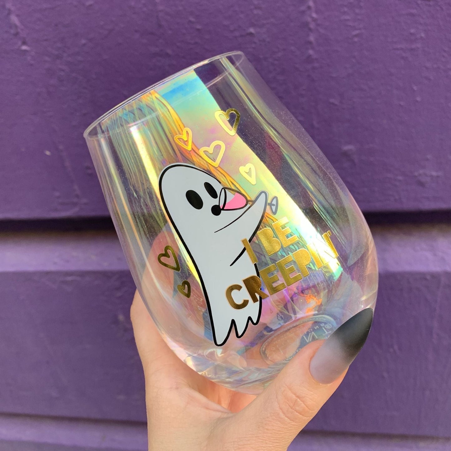 Ghost "I Be Creepin" Jumbo Stemless Wine Glass in Iridescent | 30 Oz. | Holds an Entire Bottle of Wine