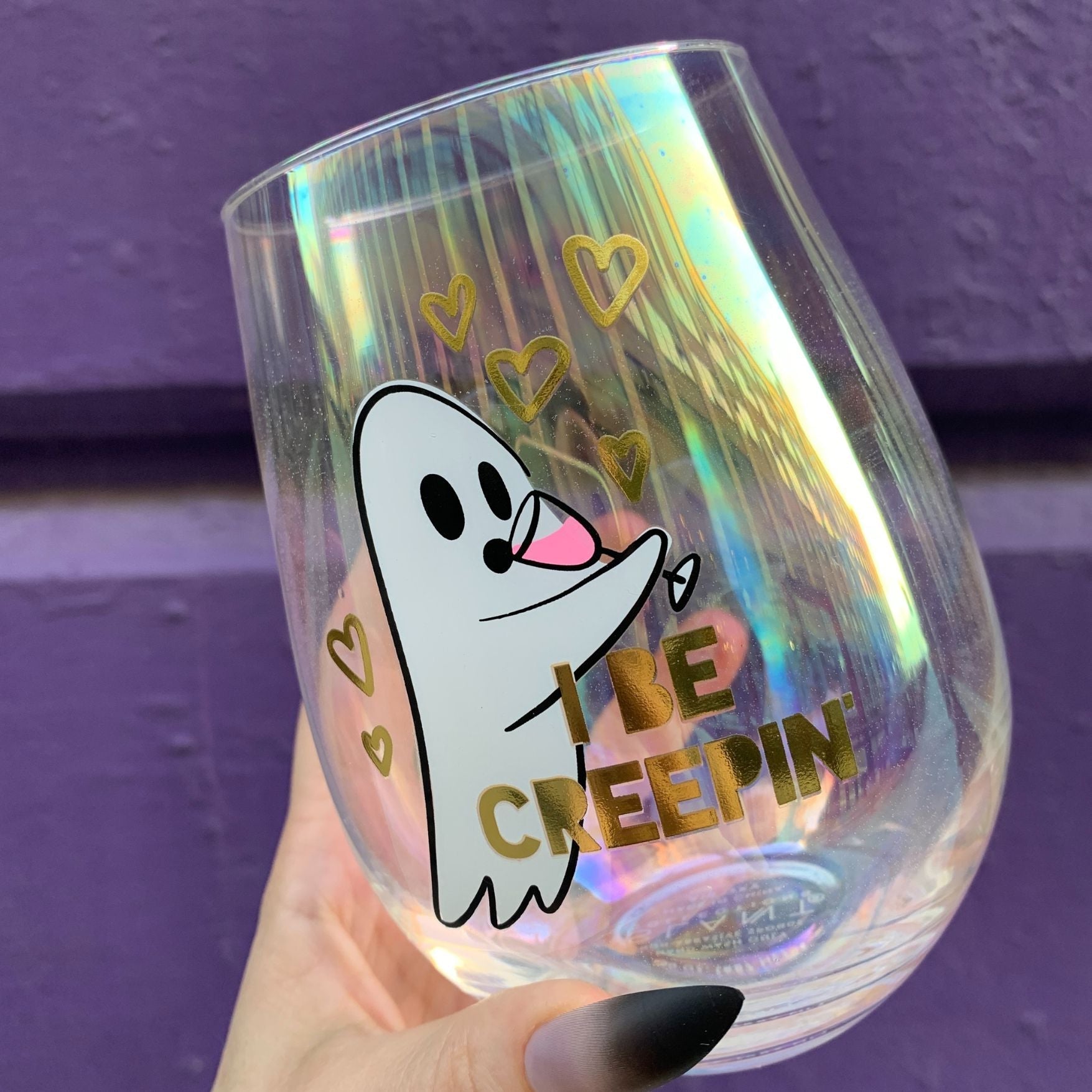 Ghost "I Be Creepin" Jumbo Stemless Wine Glass in Iridescent | 30 Oz. | Holds an Entire Bottle of Wine