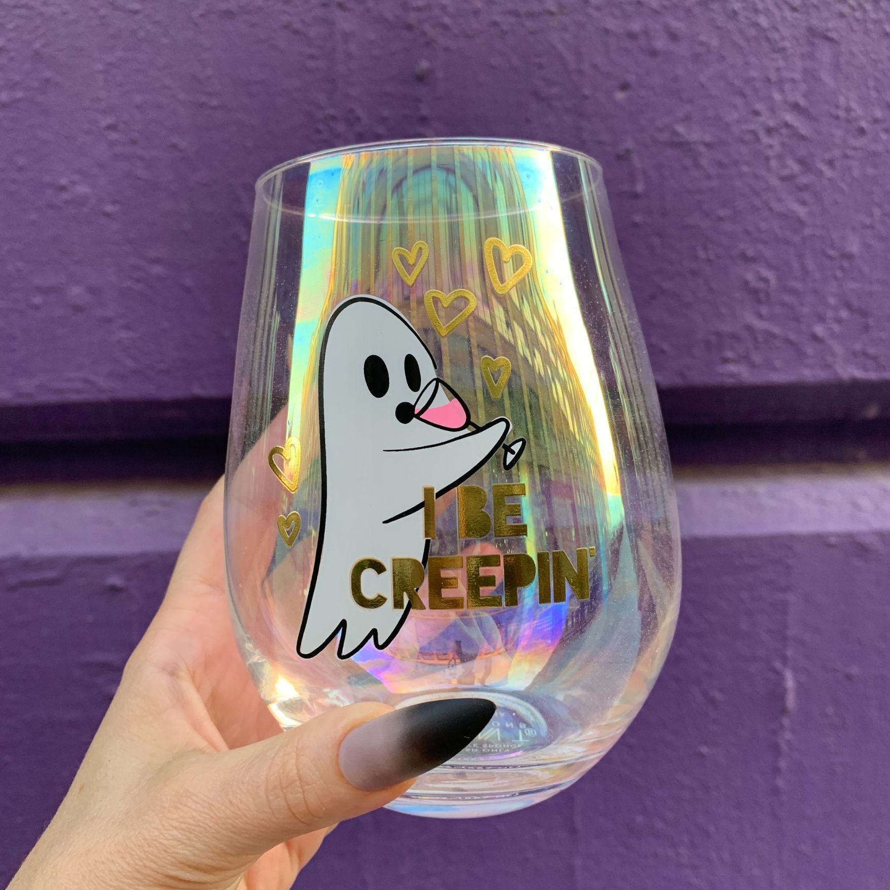 Ghost "I Be Creepin" Jumbo Stemless Wine Glass in Iridescent | 30 Oz. | Holds an Entire Bottle of Wine