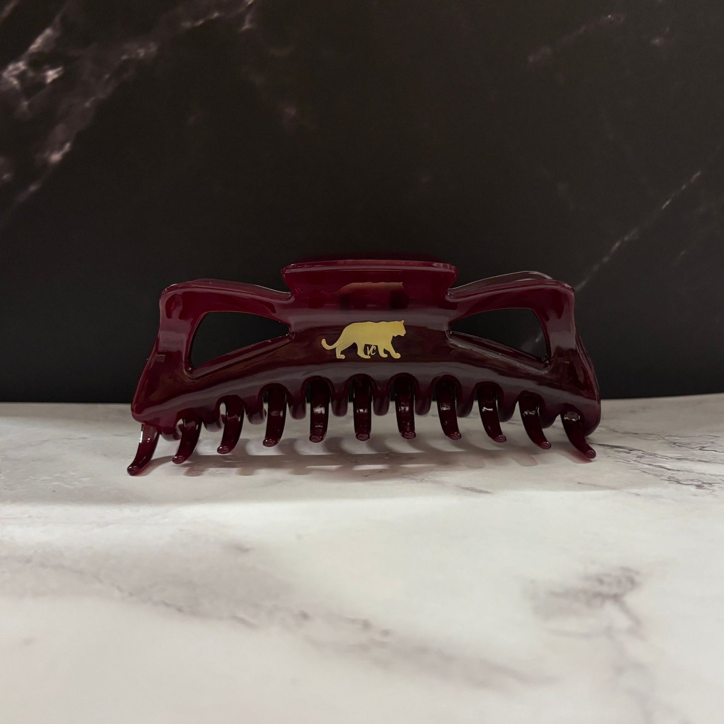 Giant Burgundy Hue Megabow Hair Claw for Long, Thick Hair | Velvet Claws Panther Icon in Gold Foil