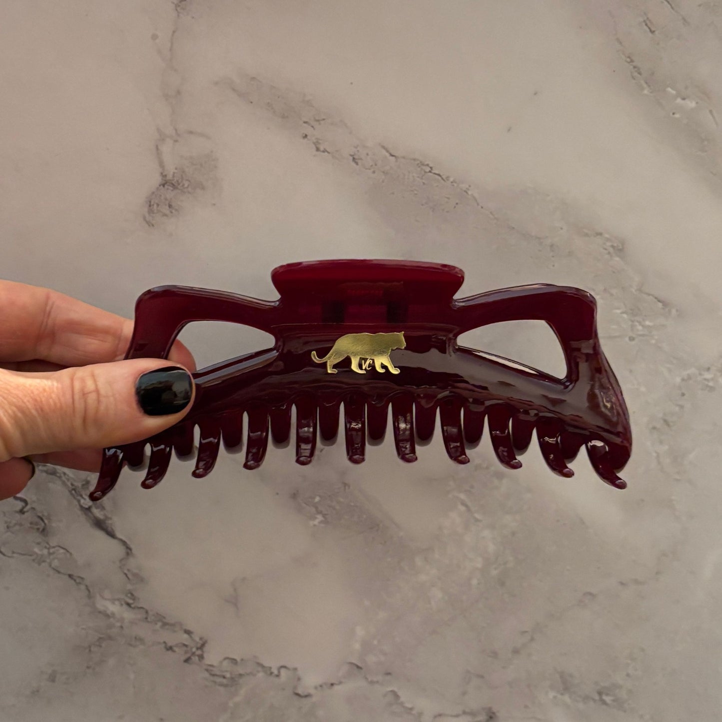 Giant Burgundy Hue Megabow Hair Claw for Long, Thick Hair | Velvet Claws Panther Icon in Gold Foil