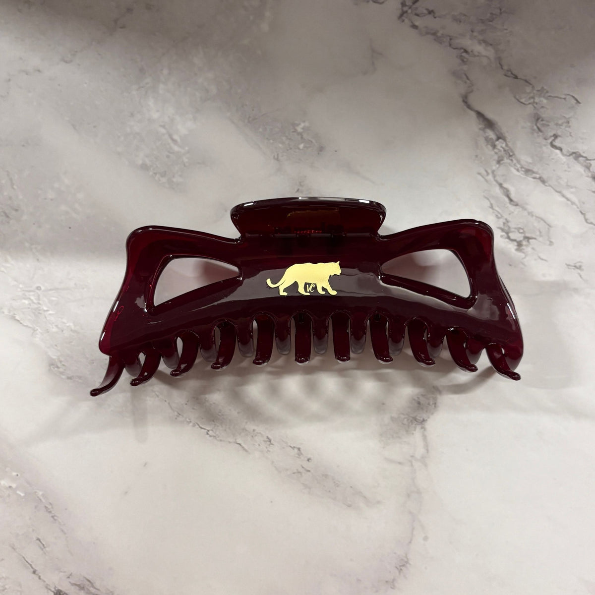 Giant Burgundy Hue Megabow Hair Claw for Long, Thick Hair | Velvet Claws Panther Icon in Gold Foil