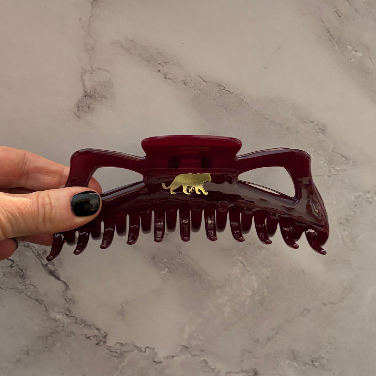 Giant Burgundy Hue Megabow Hair Claw for Long, Thick Hair | Velvet Claws Panther Icon in Gold Foil