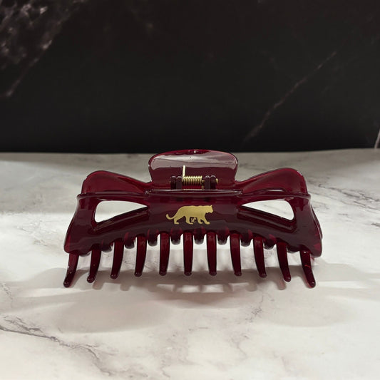 Giant Burgundy Hue Megabow Hair Claw for Long, Thick Hair | Velvet Claws Panther Icon in Gold Foil