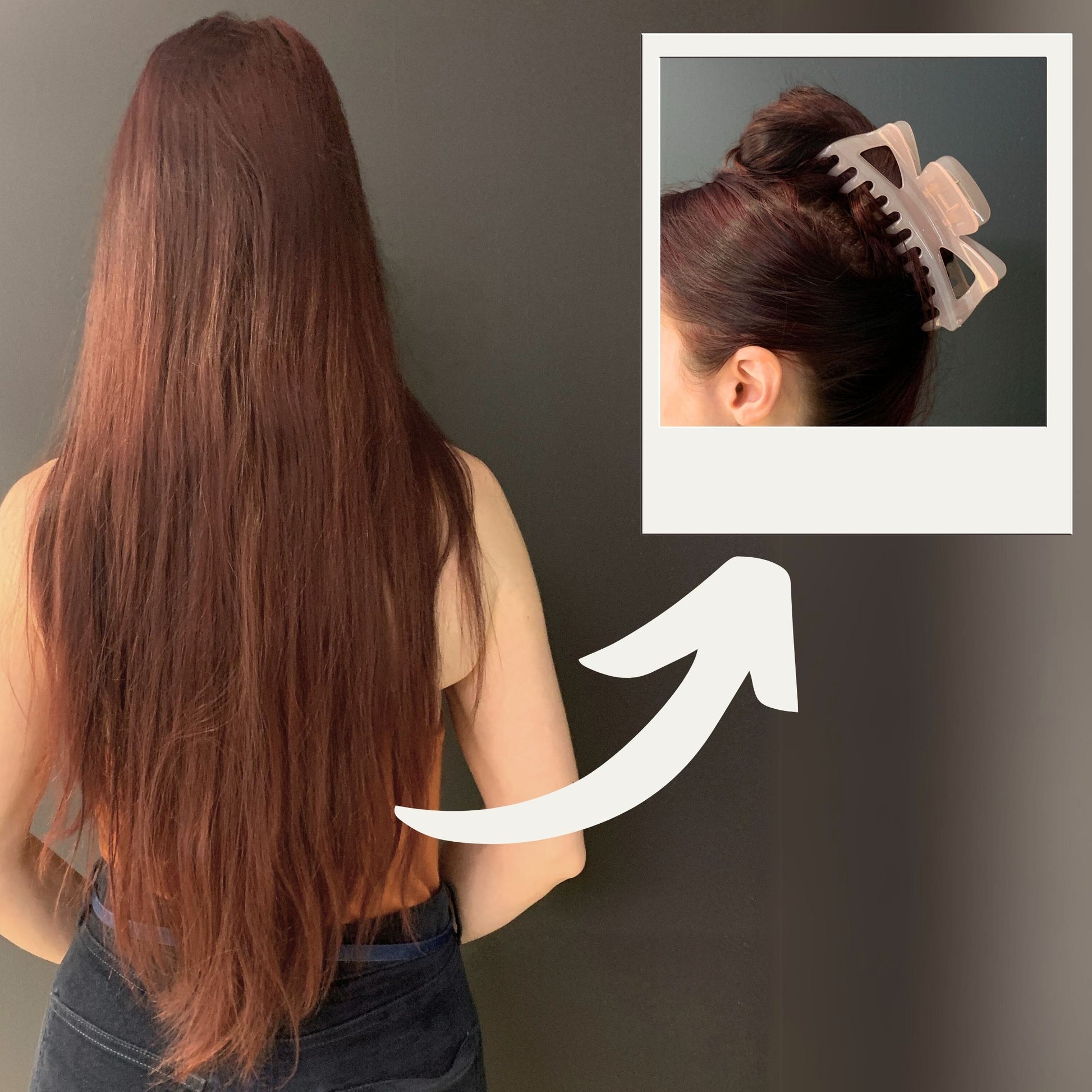 Woman with long hair using a hair clip on a plain background