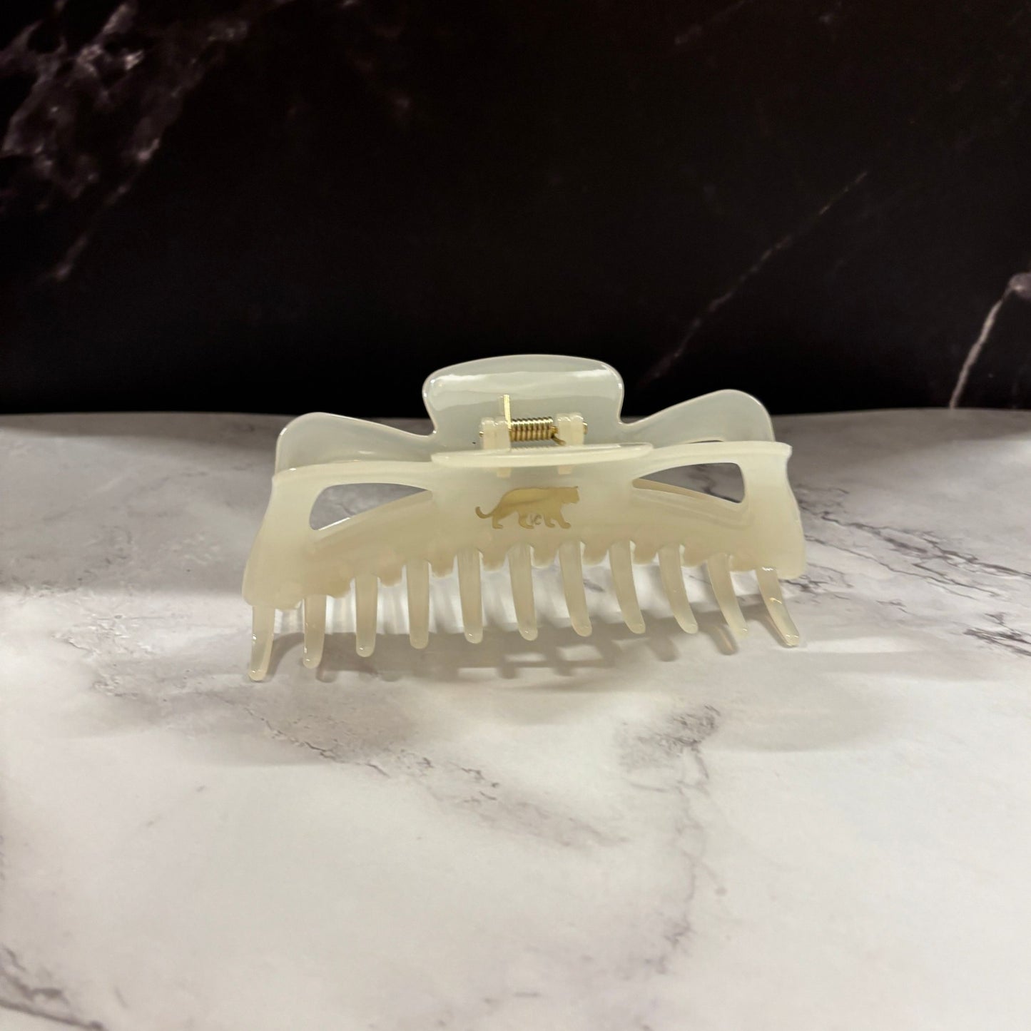 Giant Fresh Cream Megabow Hair Claw for Long, Thick Hair | Velvet Claws Panther Icon in Gold Foil