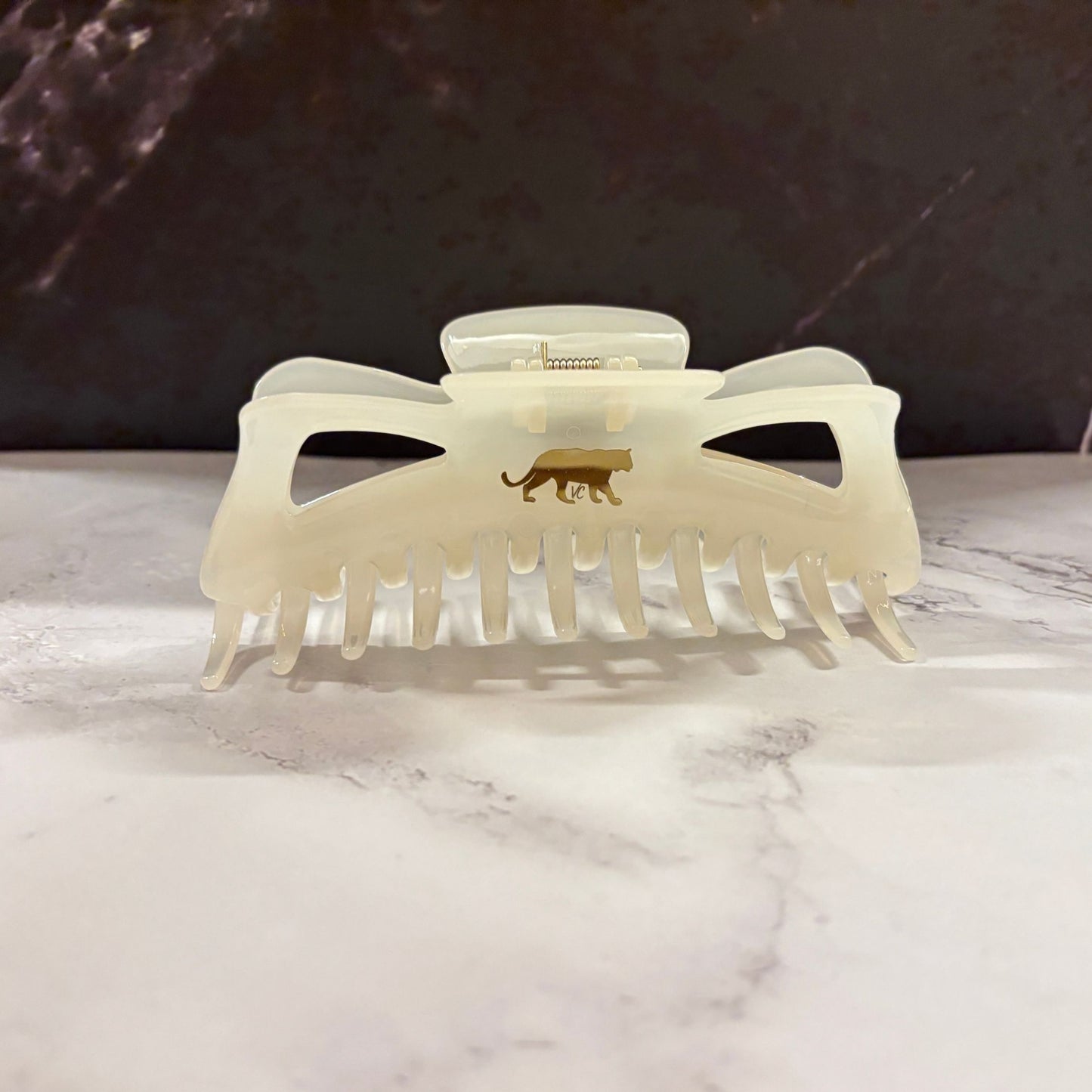 Giant Fresh Cream Megabow Hair Claw for Long, Thick Hair | Velvet Claws Panther Icon in Gold Foil