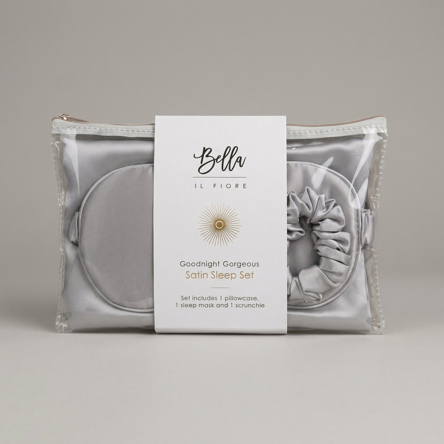 Giftable Gray Goodnight Gorgeous Satin Sleep Set [Includes Pillowcase, Sleep Mask + Scrunchie]