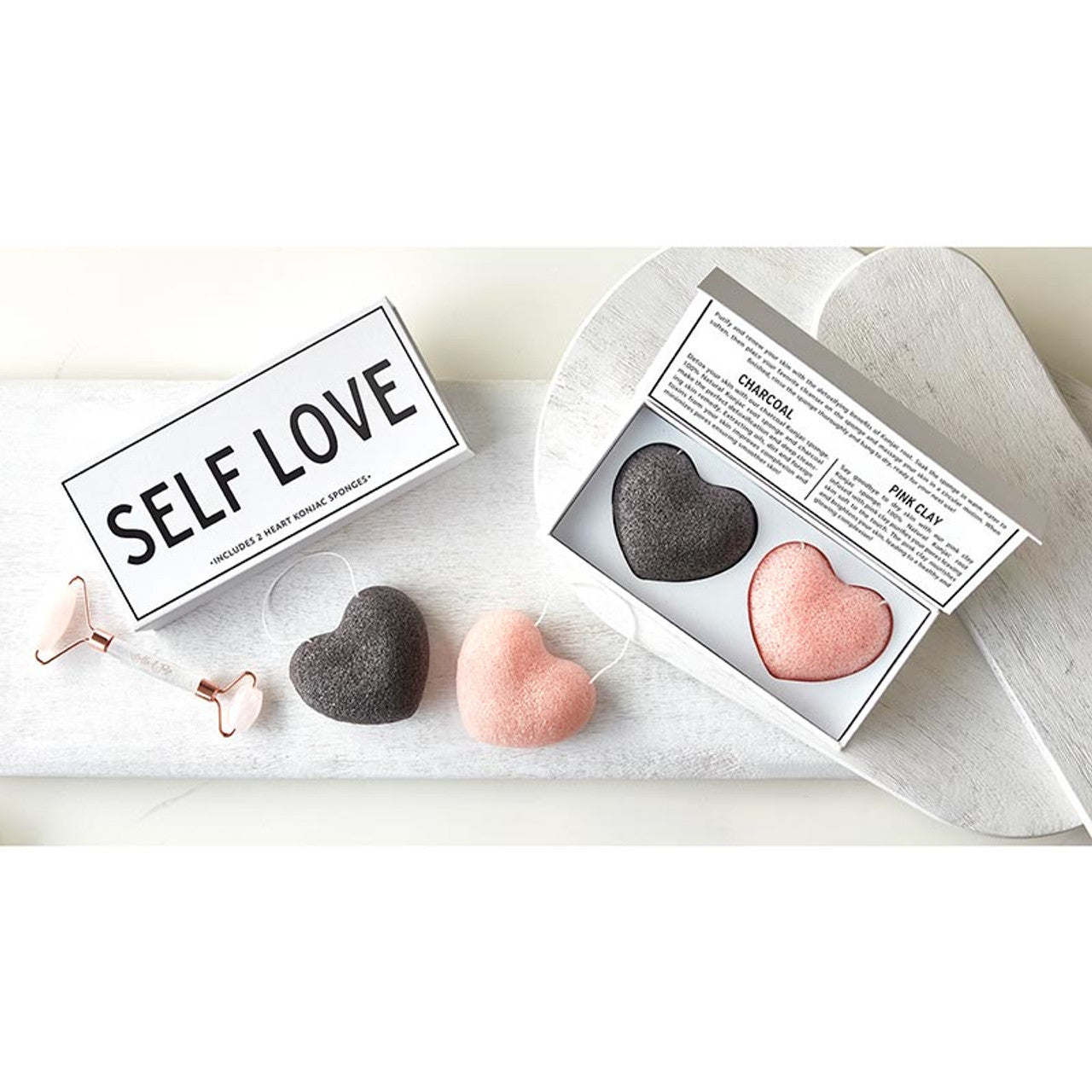Self Love Heart Konjac Sponge Set in Pink Clay & Bamboo Charcoal | Skin Detoxifying Exfoliation All-Natural Scrub Sponges