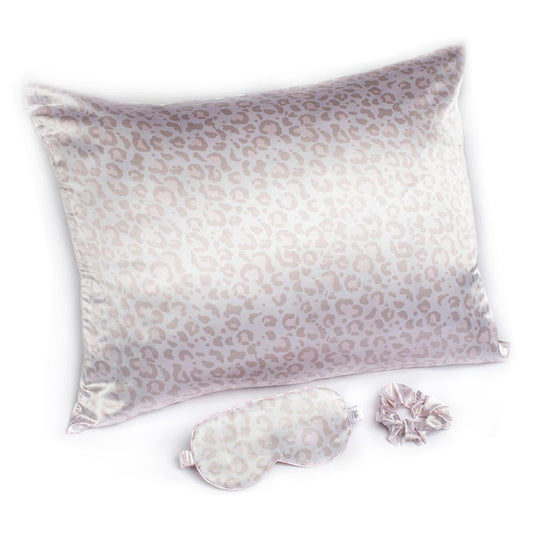 Giftable Leopard Goodnight Gorgeous Satin Sleep Set [Includes Pillowcase, Sleep Mask + Scrunchie]