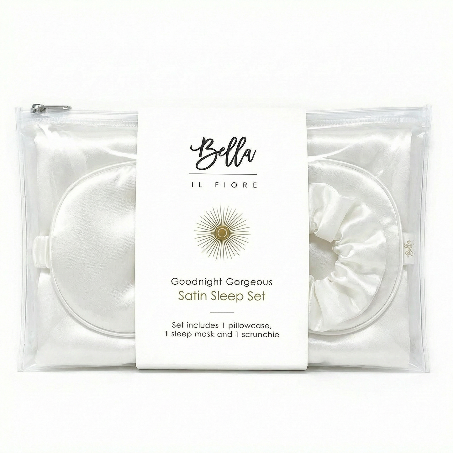 Giftable White Goodnight Gorgeous Satin Sleep Set [Includes Pillowcase, Sleep Mask + Scrunchie]