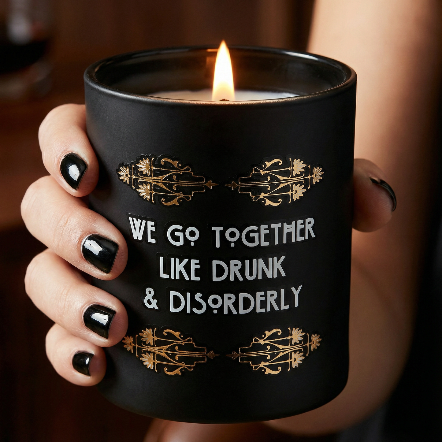 Gin Scented Art Deco Soy Candle | We Go Together Like Drunk And Disorderly Jar Candle | Gold Accents Matte Black Glass | 35hrs Burn Time